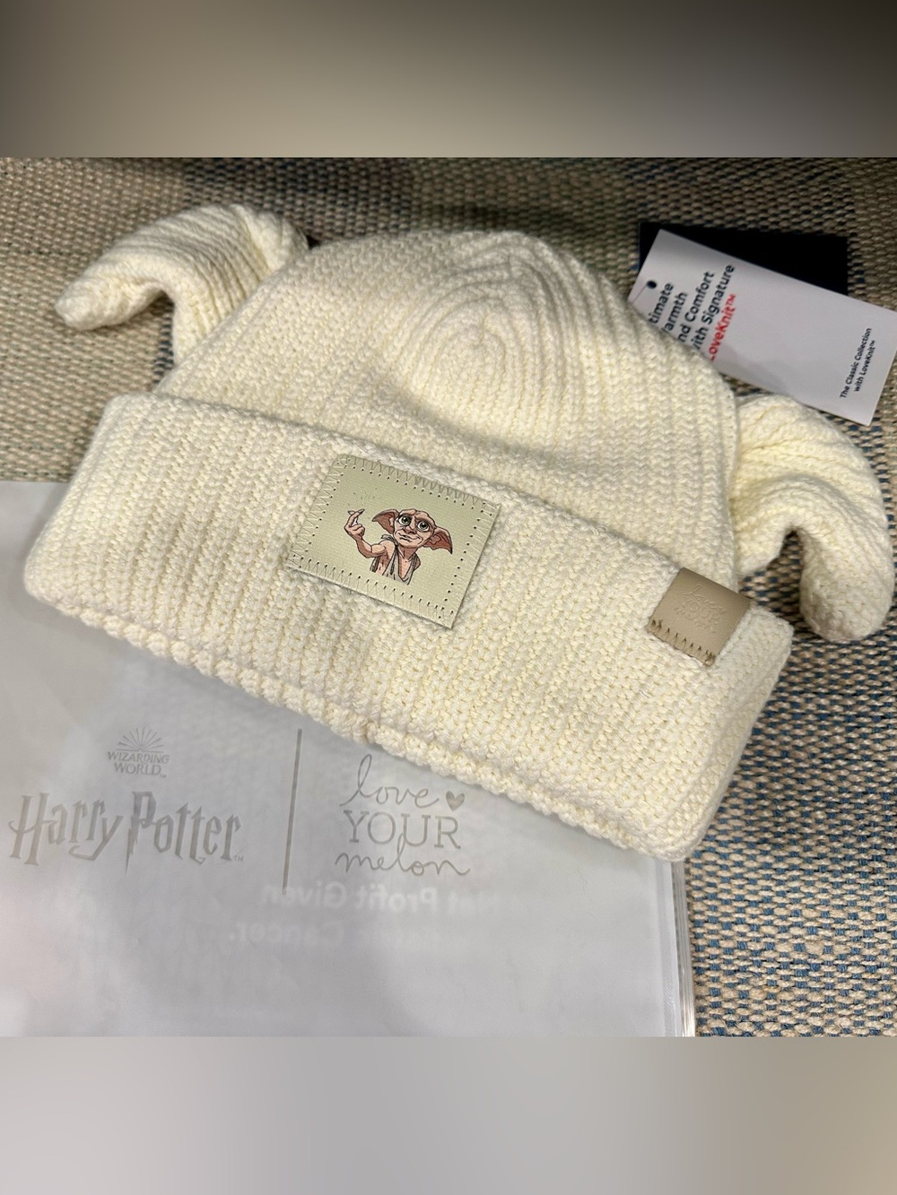 Love Your Melon Cream Knit Beanie with Dobby Patch and Ears